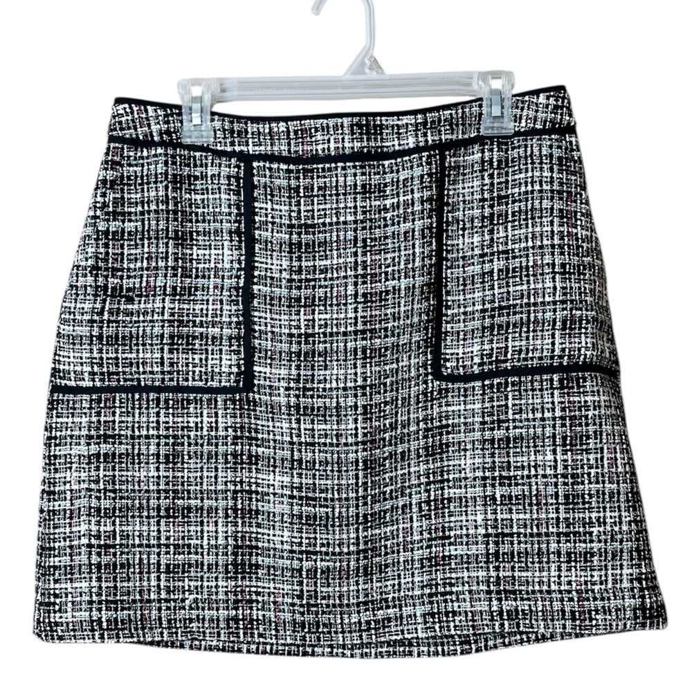LOFT Black White Tweed Textured Mini Skirt Pockets 12P Preppy Dark Academia